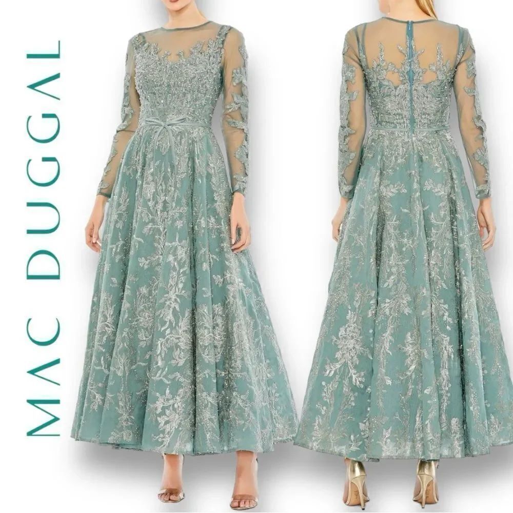 MAC DUGGAL Women’s Embellished Bow Belt Illusion Long Sleeve A-Line Dress in 10